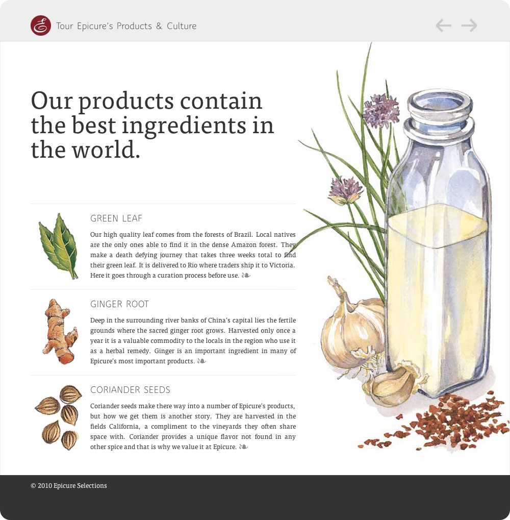 A page explaining that epicure uses the best ingredients in the world
