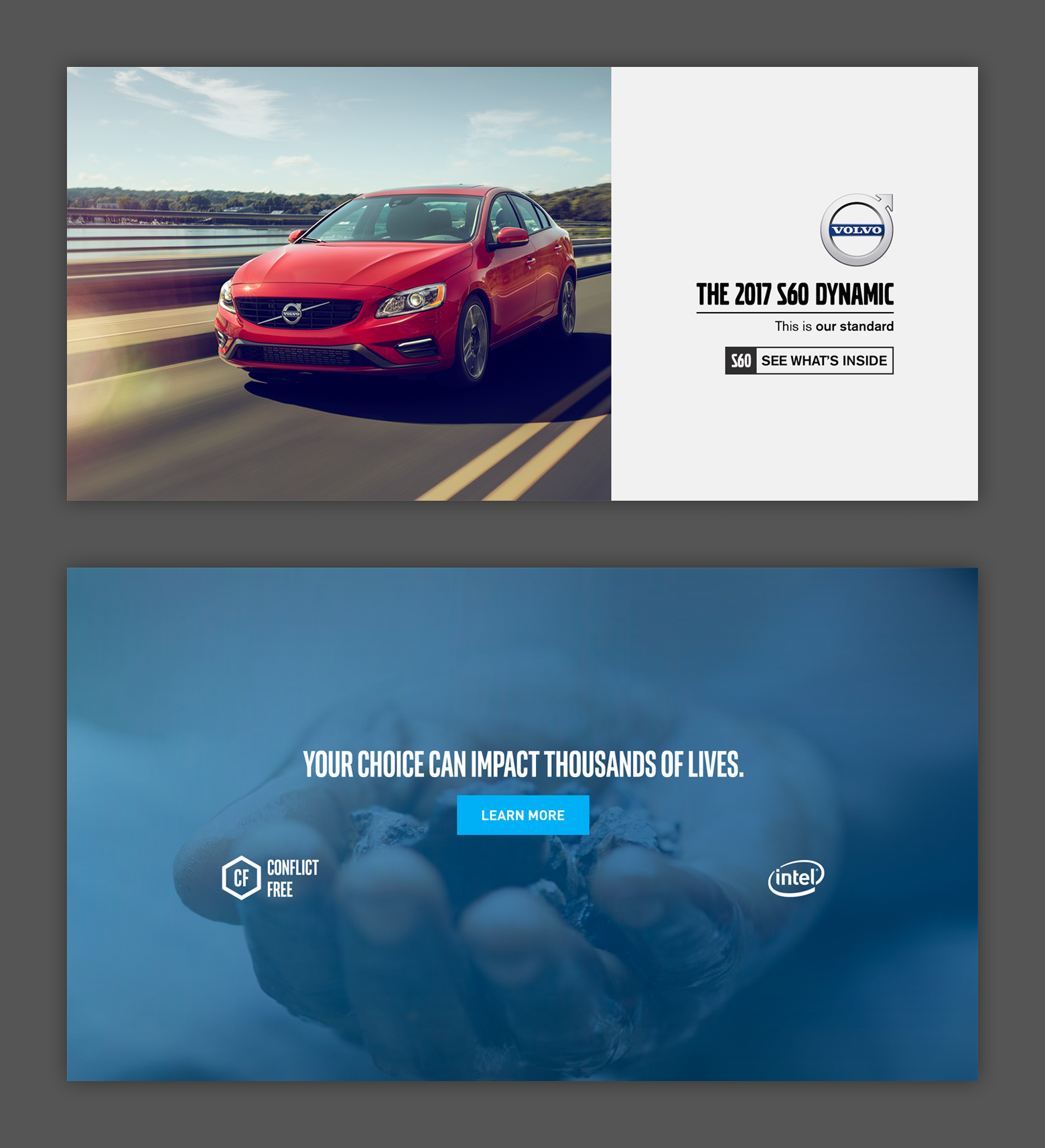 Volvo ad depicting a vehicle and an Intel ad depicting a hand holding rocks