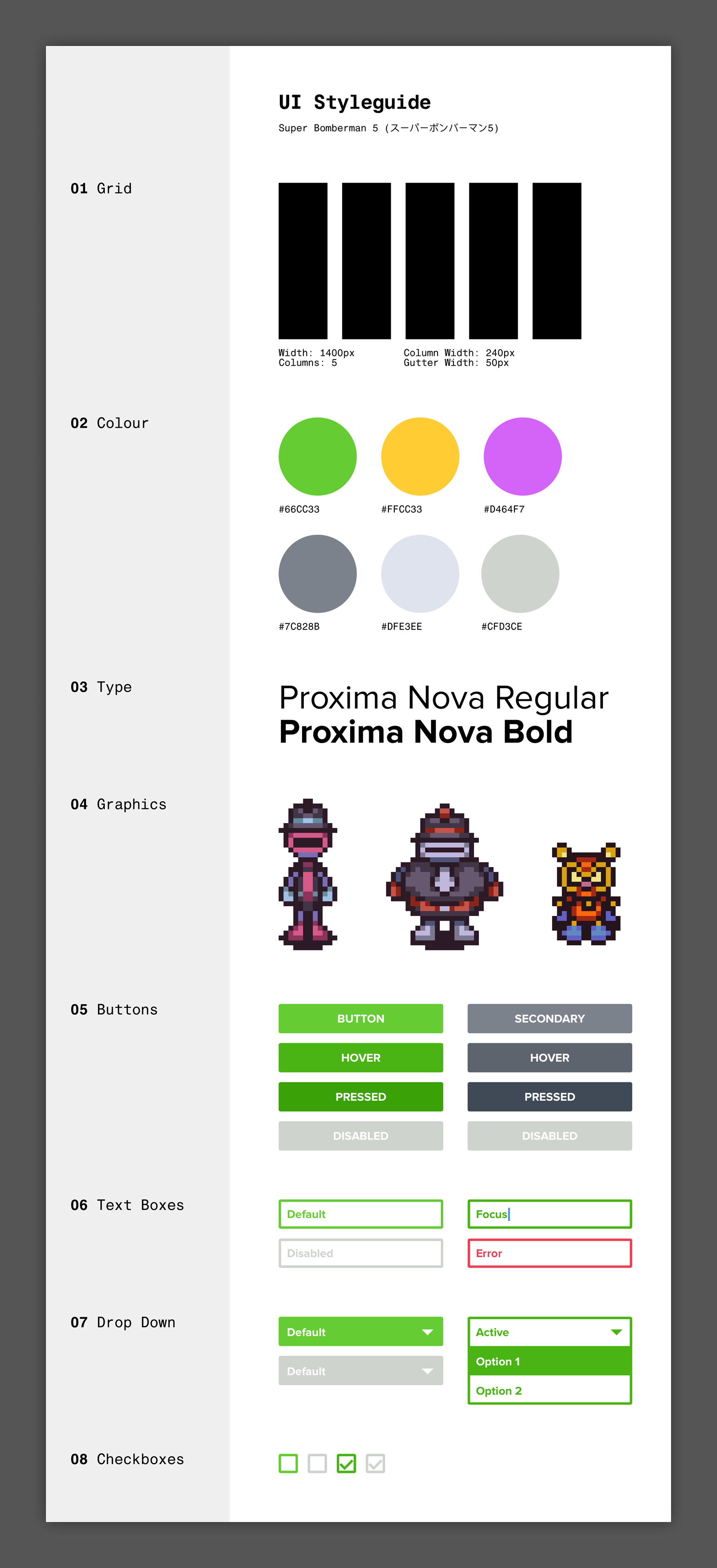 UI styleguide with grid, colours, graphics, and form components